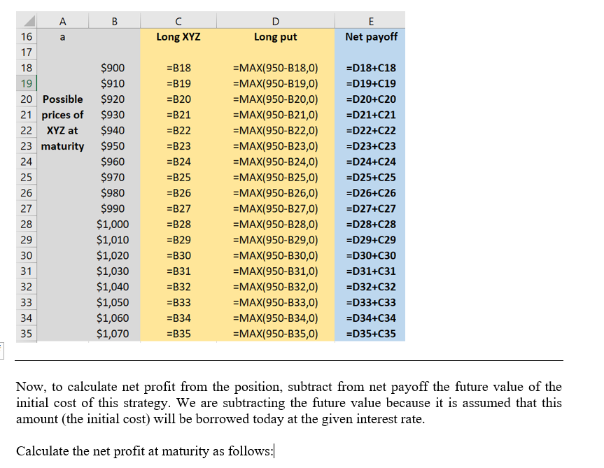 00 ? Long XYZ D Long put E Net payoff a ? B 16 17 18 $900 19 $910 20 Possible $920 21 prices of $930 22 XYZ at $940 23 maturi