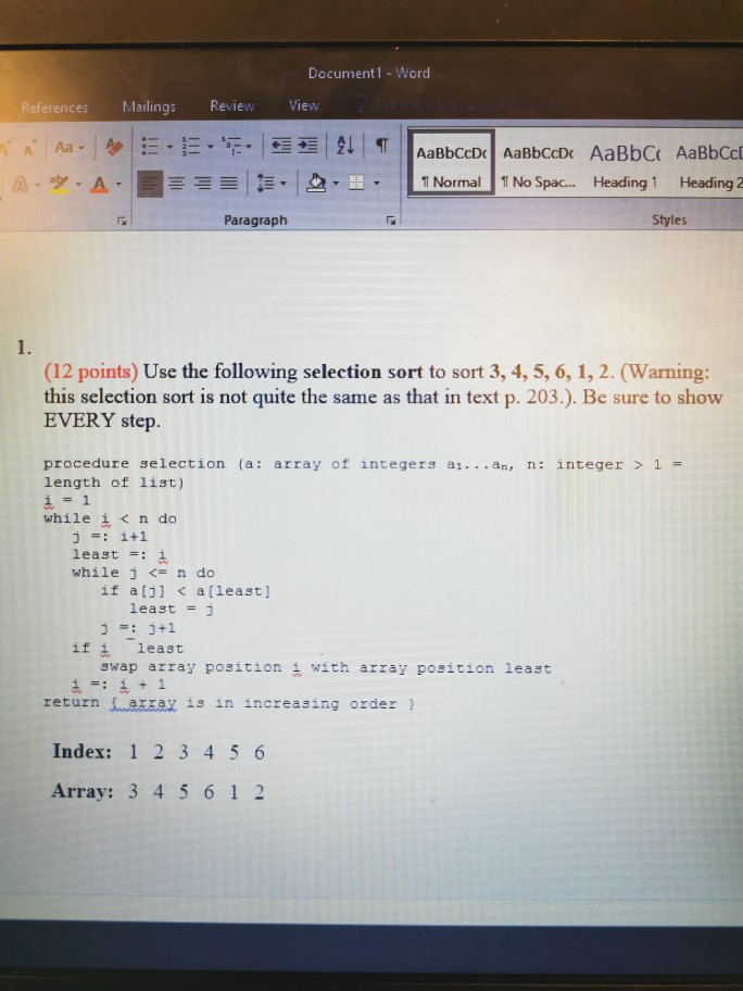 Solved (12 points) Use the following selection sort to sort | Chegg.com