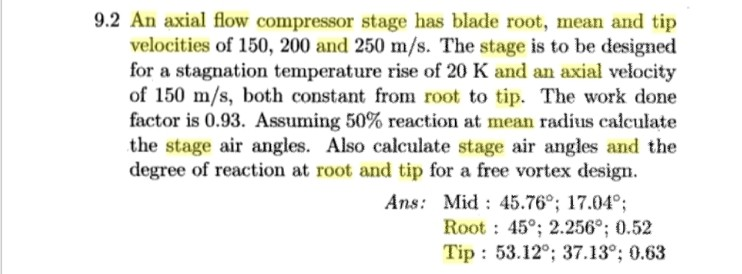 Solved 9.2 An axial flow compressor stage has blade root, | Chegg.com