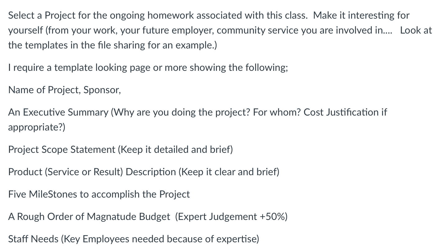 Solved Select a Project for the ongoing homework associated | Chegg.com