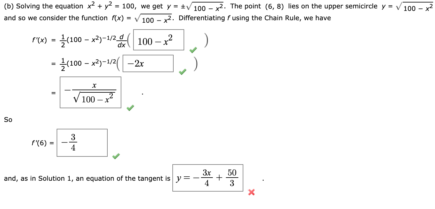 Solved (b) Solving The Equation X2 + Y2 = 100, We Get Y = $V | Chegg.com