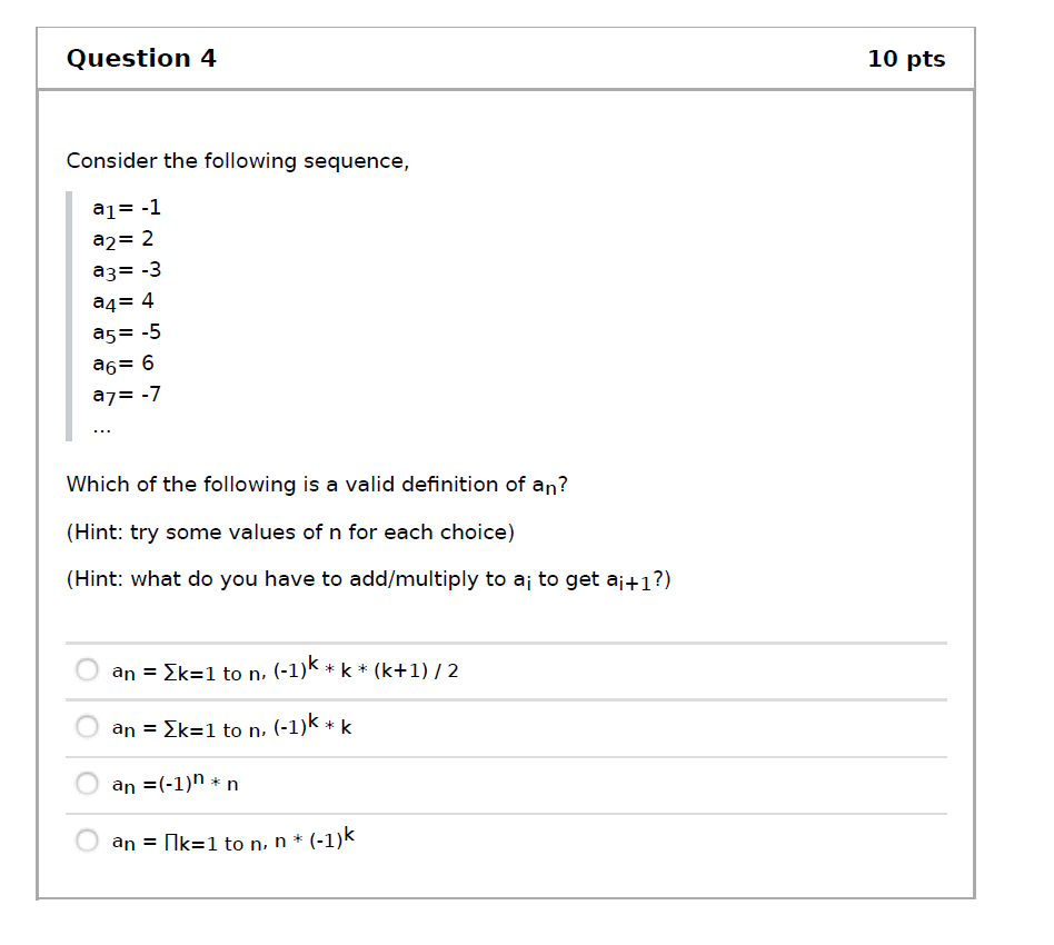 Solved Question 4 10 pts Consider the following sequence, | Chegg.com