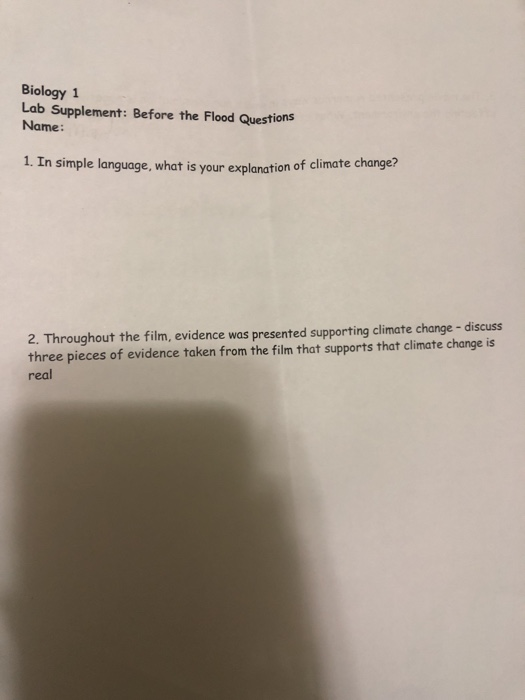 Solved Biology 1 Lab Supplement: Before the Flood Questions