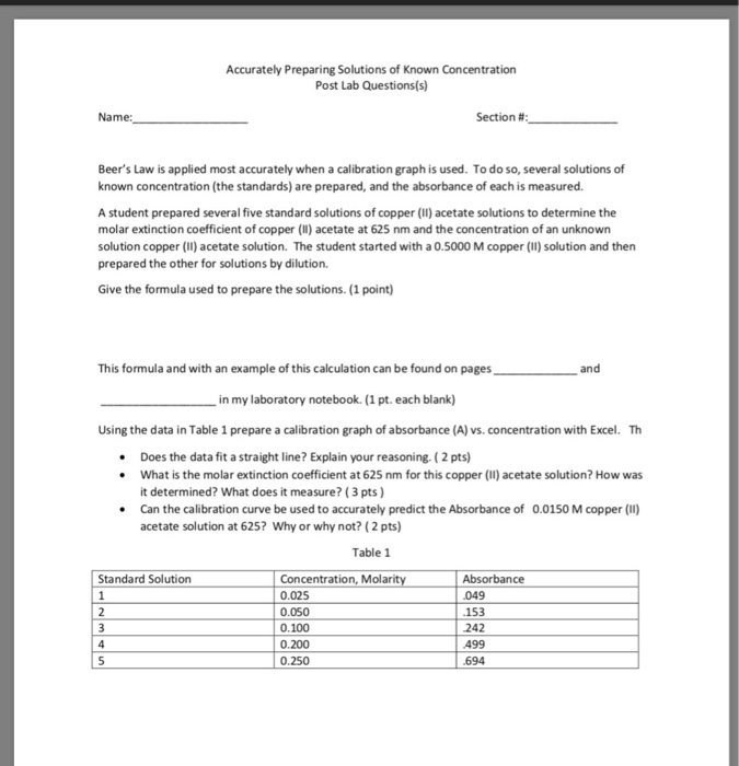 Solved Accurately Preparing Solutions of Known Concentration