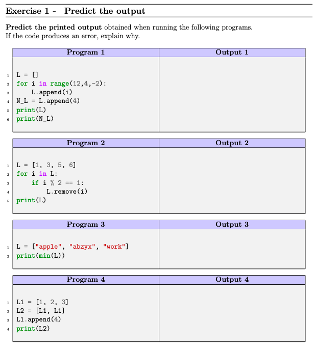 Solved Exercise 1 - Predict The Output Predict The Printed | Chegg.com