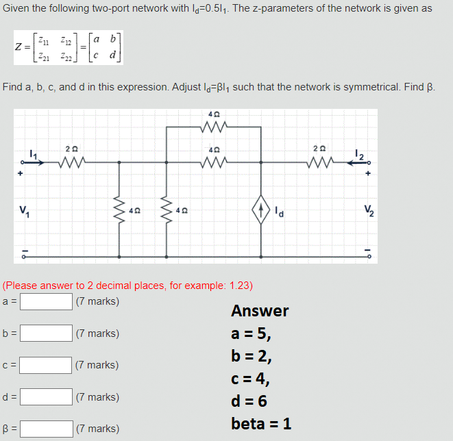 Solved Given The Following Two-port Network With Id=0.5I1. | Chegg.com