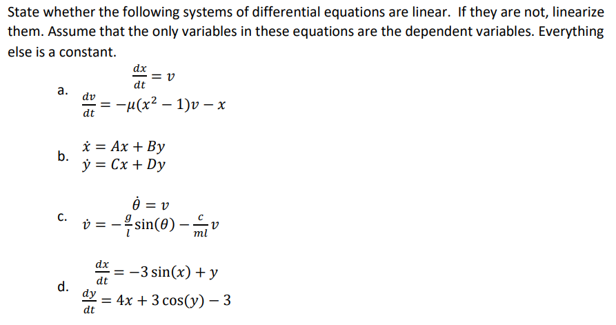 Solved State whether the following systems of differential | Chegg.com