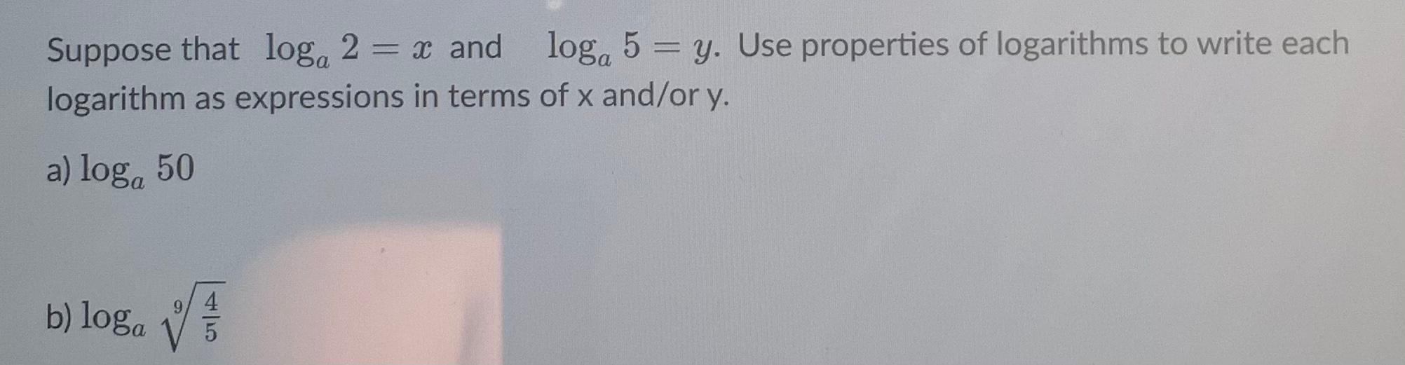Solved Suppose that log, 2 = x and log. 2 = x and loga 5 = | Chegg.com