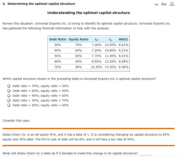 Solved 4 Determining The Optimal Capital Structure Aa Aa E 1116