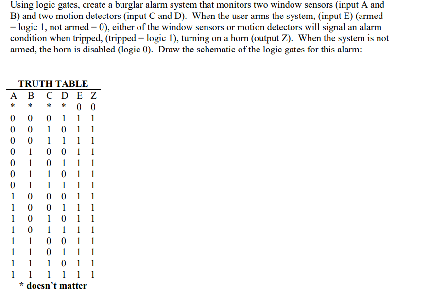 Solved Using logic gates, create a burglar alarm system that | Chegg.com