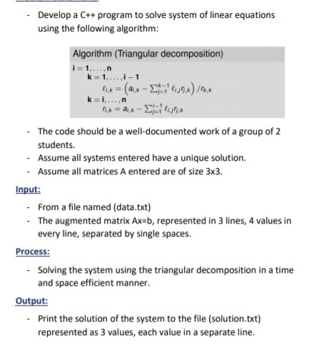 - Develop a C++ program to solve system of linear | Chegg.com