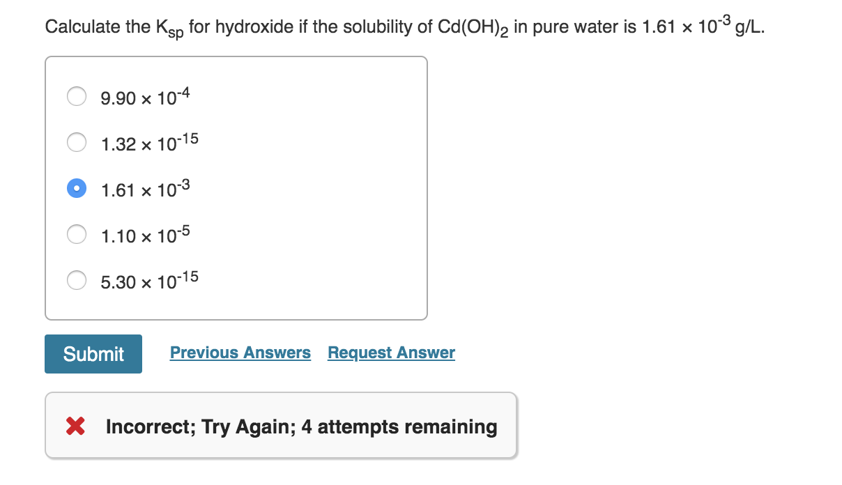 Solved Calculate The Ksp For Hydroxide If The Solubility Chegg Com