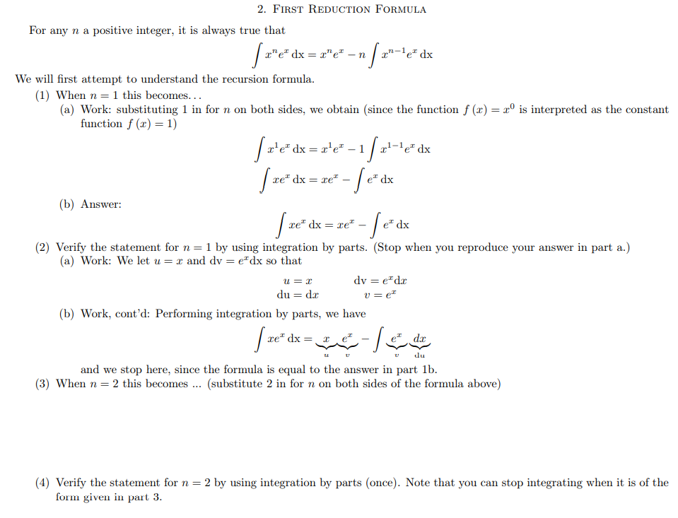 Solved 2. FIRST REDUCTION FORMULA For any n a positive | Chegg.com