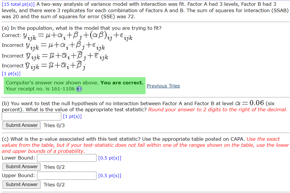 Solved (15 total pt(s)] A two-way analysis of variance model | Chegg.com