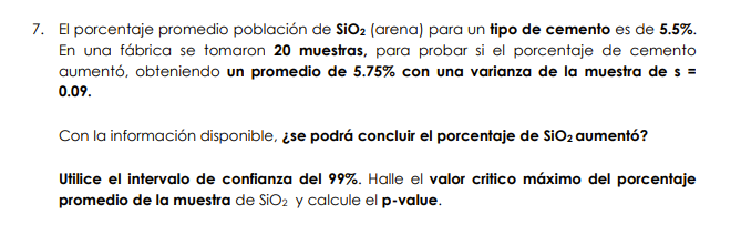 El porcentaje promedio población de \( \mathrm{SiO}_{2} \) (arena) para un tipo de cemento es de \( \mathbf{5 . 5 \%} \). En