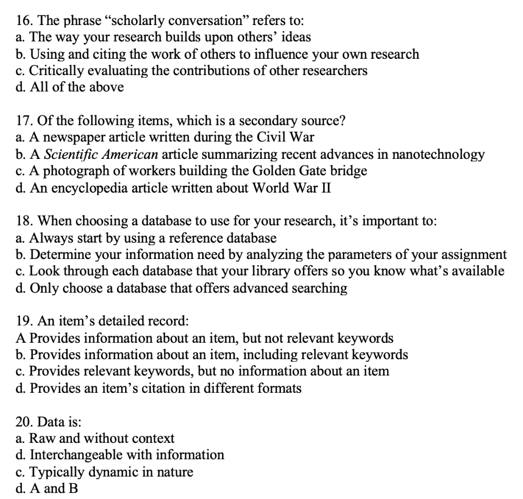 Solved Information Literacy Pretest 1. Select the example