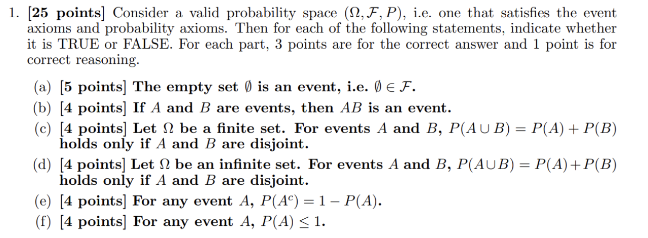 Solved 1. (25 points] Consider a valid probability space | Chegg.com