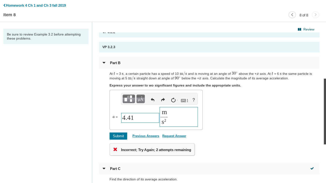 Solved At t = 3 s, a certain particle has a speed of 10 m/s | Chegg.com