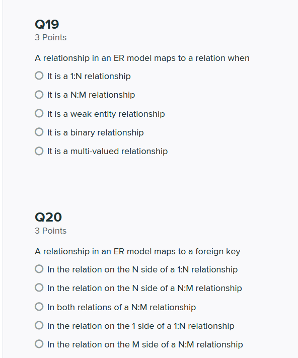 Solved Q19 3 Points A relationship in an ER model maps to a | Chegg.com