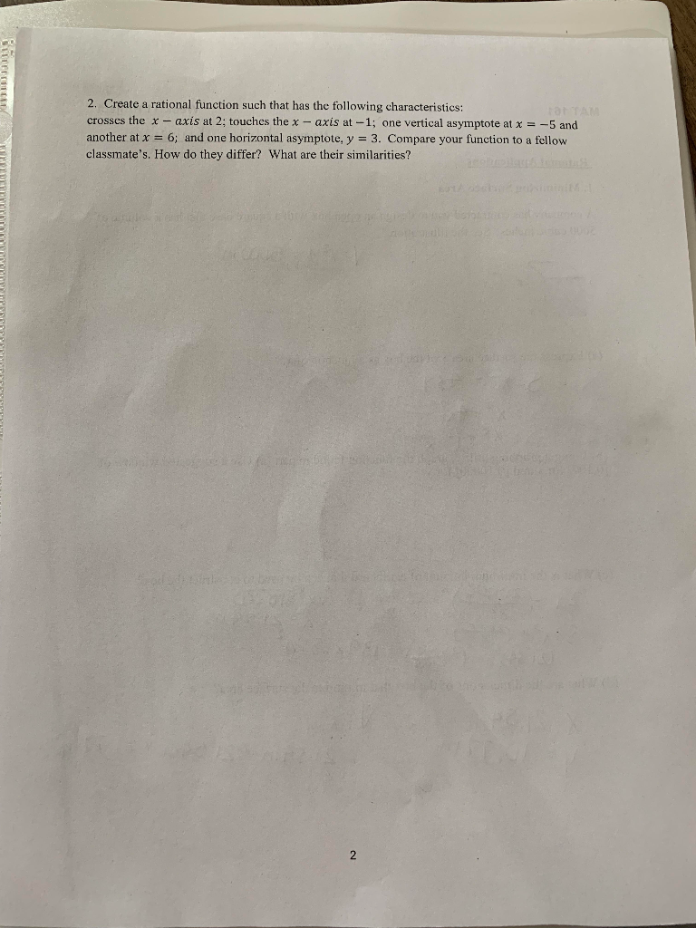 Solved 2. Create a rational function such that has the | Chegg.com