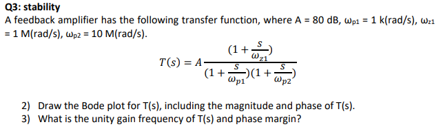 Q3: stability A feedback amplifier has the following | Chegg.com