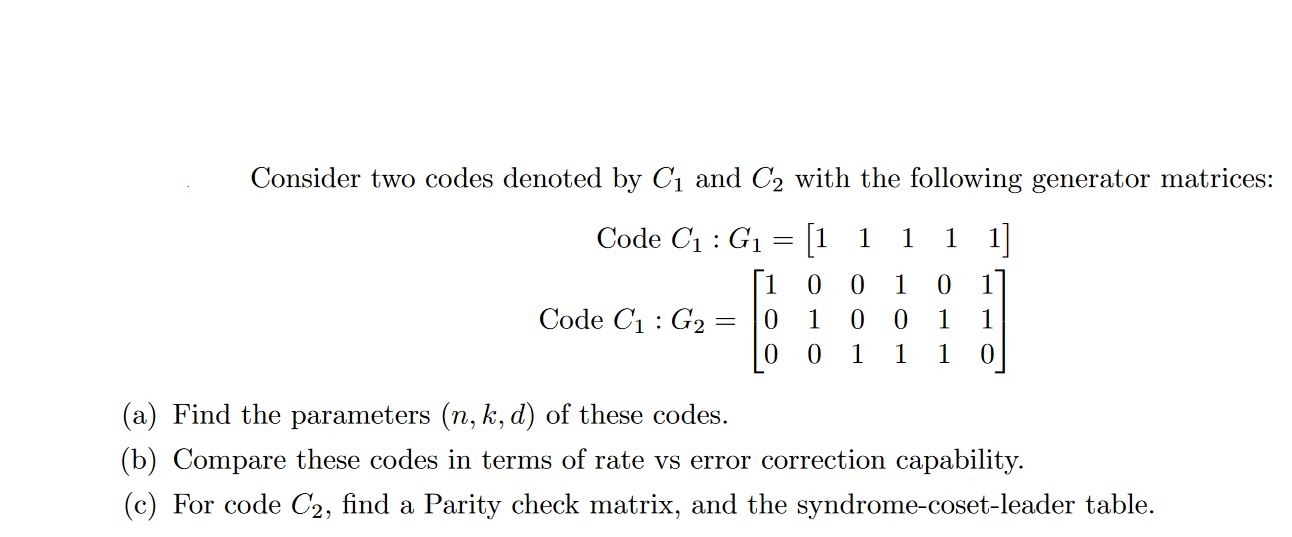 Consider two codes denoted by Cį and C2 with the | Chegg.com