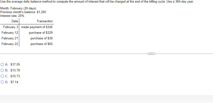 Solved Use The Average Daily Balance Method To Compute The | Chegg.com