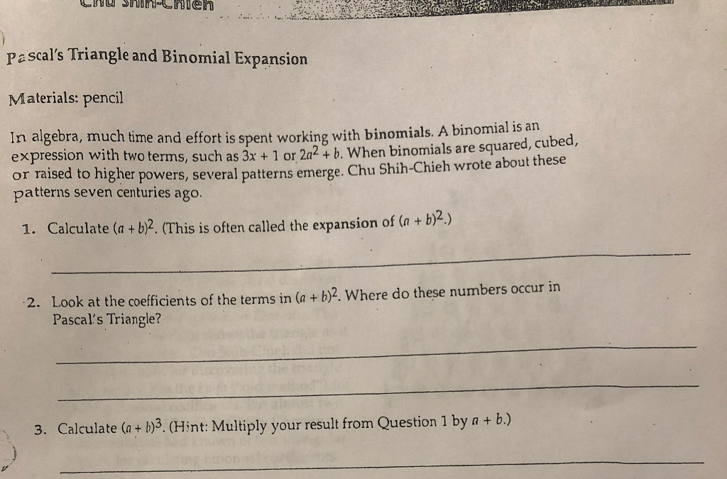 Solved Pascal's Triangle and Binomial Expansion Materials: | Chegg.com