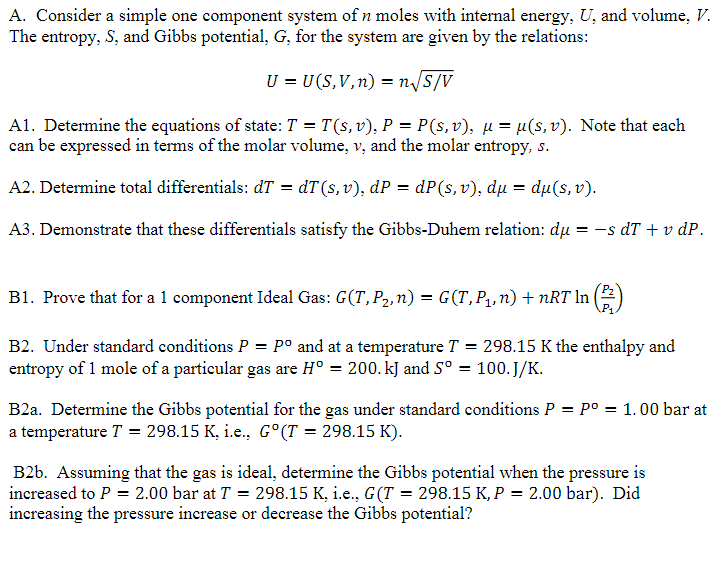 A Consider A Simple One Component System Of N Mol Chegg Com