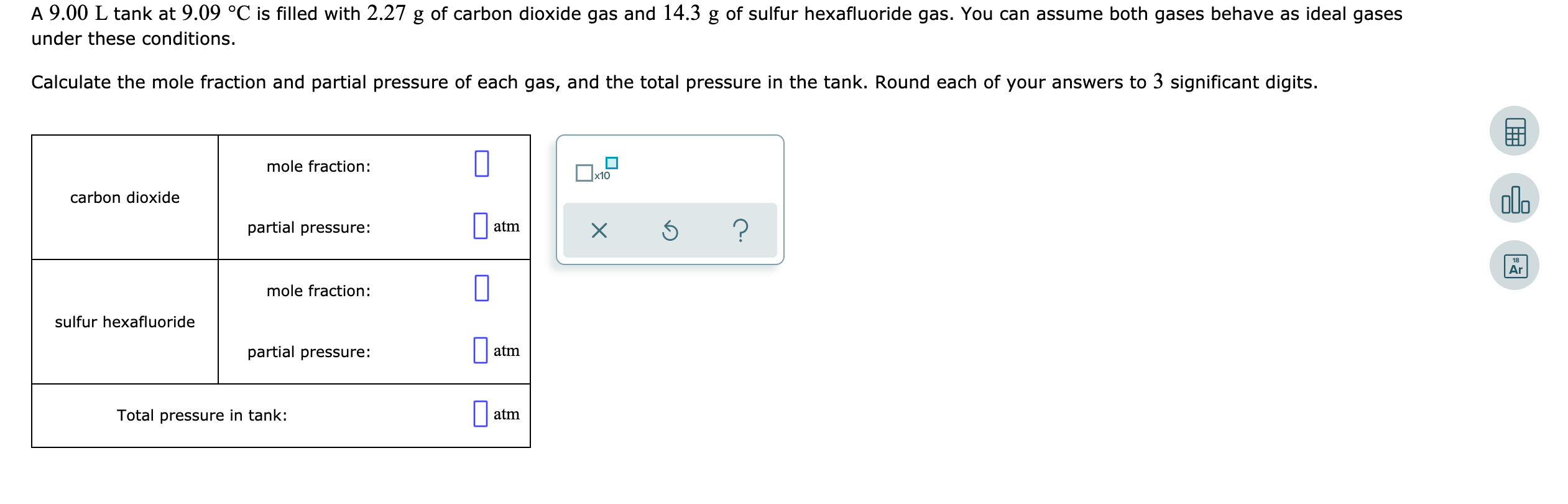 A 9.00 L tank at 9.09 Â°C is filled with 2.27 g of carbon dioxide gas and 14.3 g of sulfur hexafluoride gas. You can assume bo