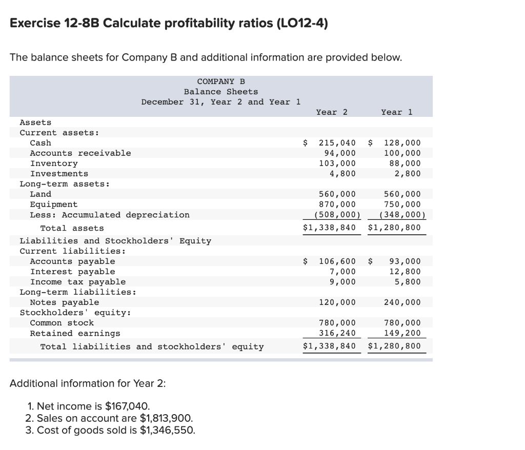 Solved Exercise 12-8B Calculate Profitability Ratios | Chegg.com