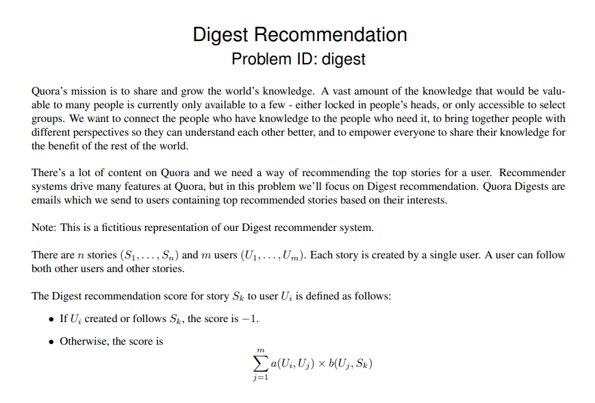 Digest Recommendation Problem ID: digest Quora's | Chegg.com
