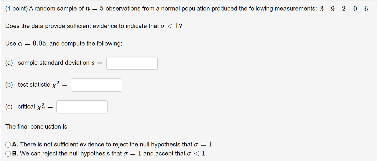 Solved A random sample of n=5n=5 observations from a normal | Chegg.com