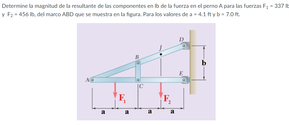 Determine la magnitud de la resultante de las componentes en lb de la fuerza en el perno \( A \) para las fuerzas \( F_{1}=33