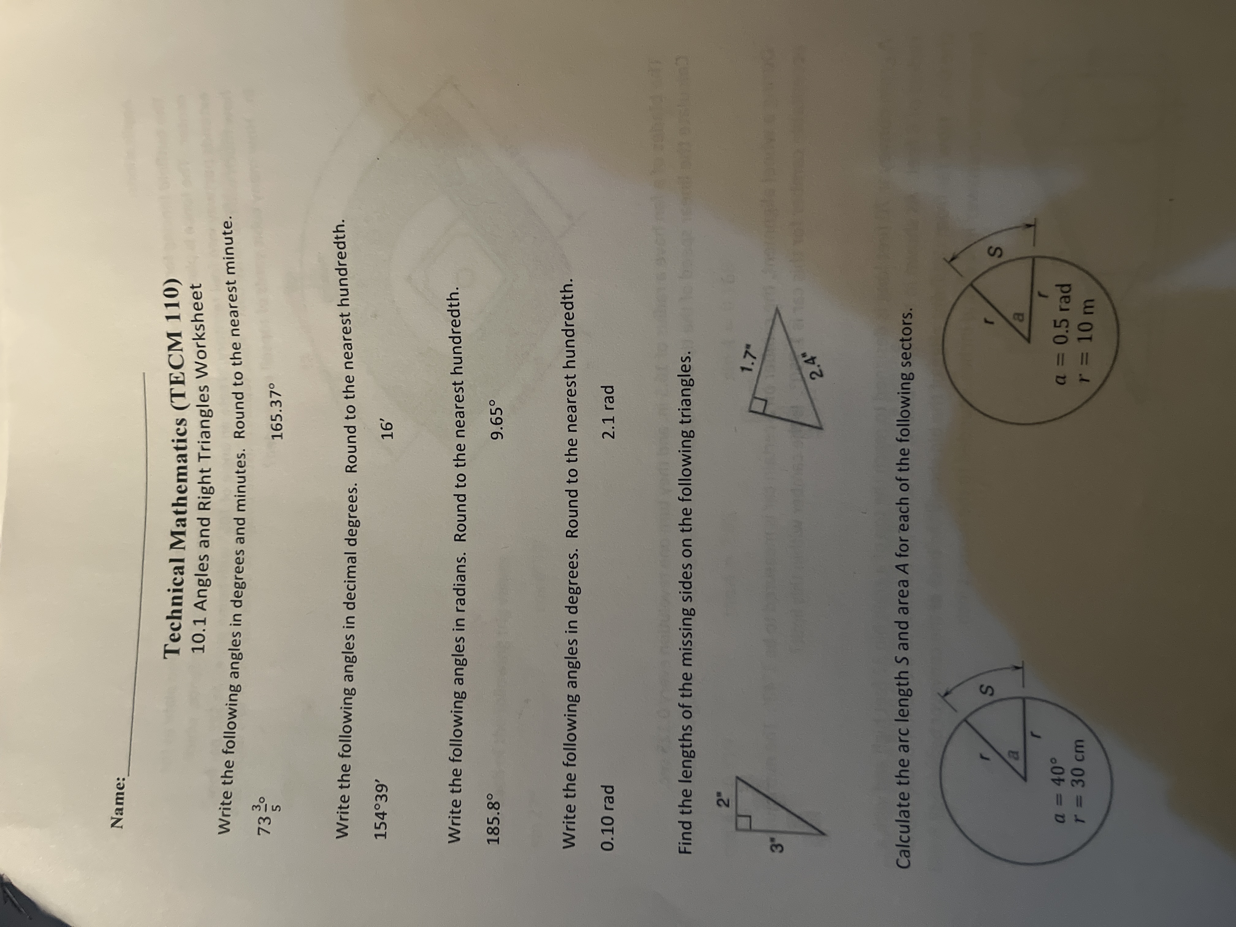 Techans Triangle Worksheet Solved Name:Technical Mathematics (TECM 110)10.1 Angles and | Chegg.com