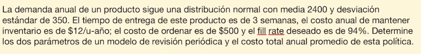 La demanda anual de un producto sigue una distribución normal con media 2400 y desviación estándar de 350. El tiempo de entre