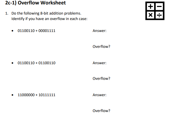Solved 2c-1) Overflow Worksheet 1. Do the following 8-bit | Chegg.com