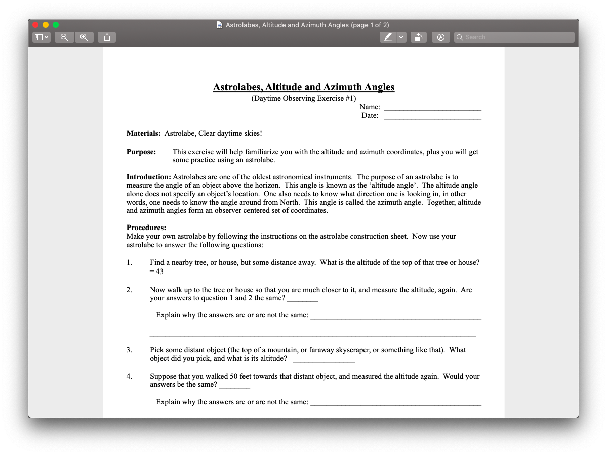 Solved Astrolabes, Altitude and Azimuth Angles (page 1 of 2) | Chegg.com