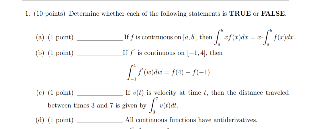 Solved 1. (10 points) Determine whether each of the | Chegg.com