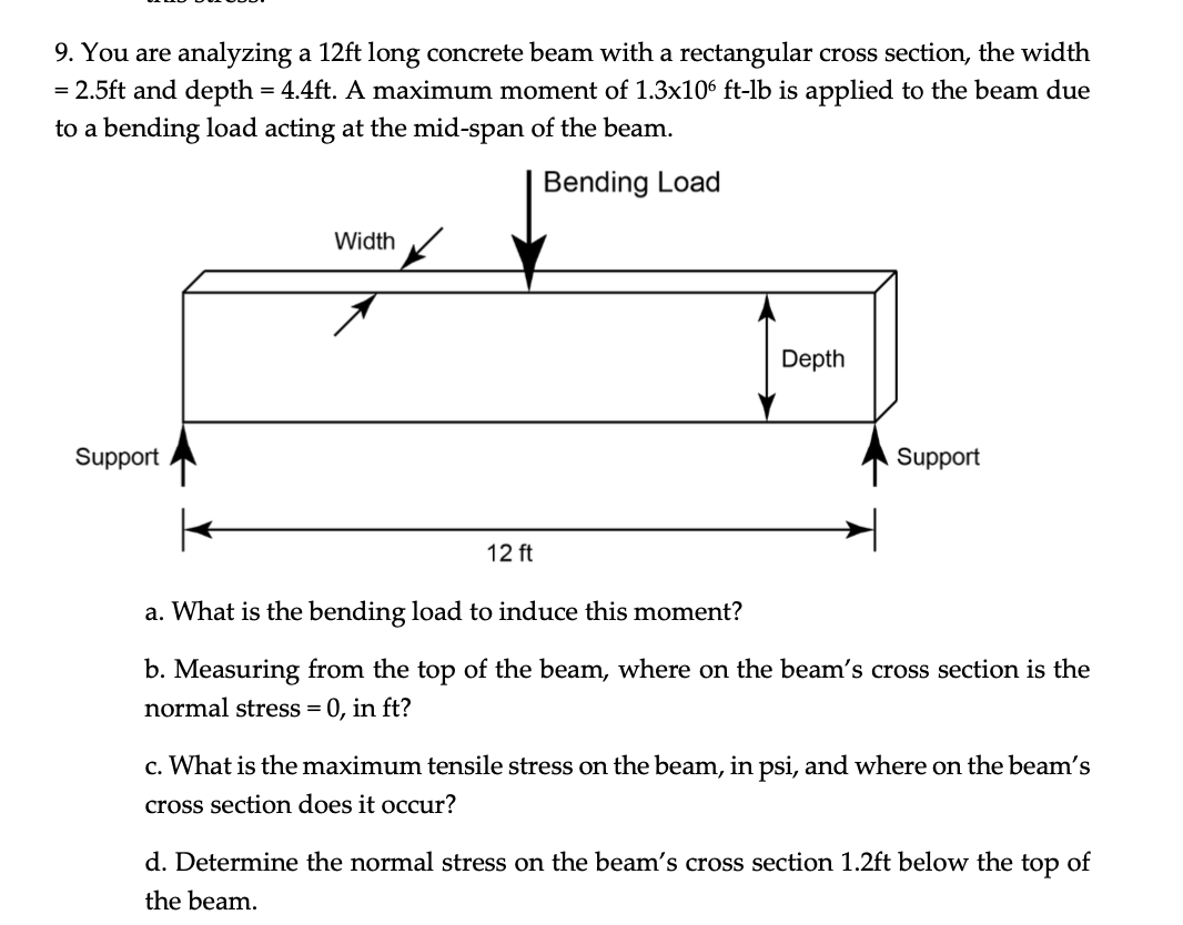 9. You are analyzing a 12ft long concrete beam with a rectangular cross section, the width = 2.5ft and depth = 4.4ft. A maxim