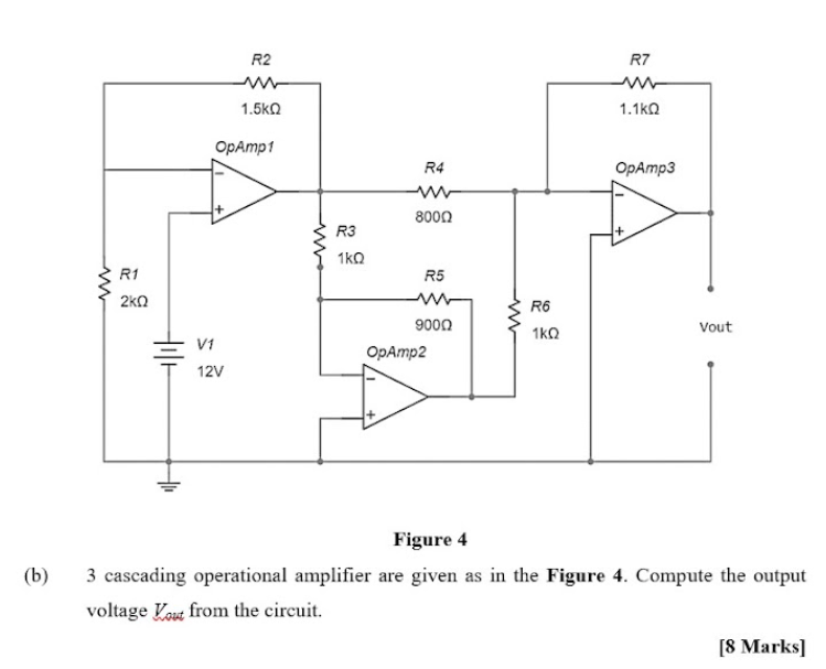 Solved R2 R7 1.5kΩ 1.1ΚΩ OpAmp1 R4 OpAmp3 8000 R3 1kΩ R5 R1 | Chegg.com