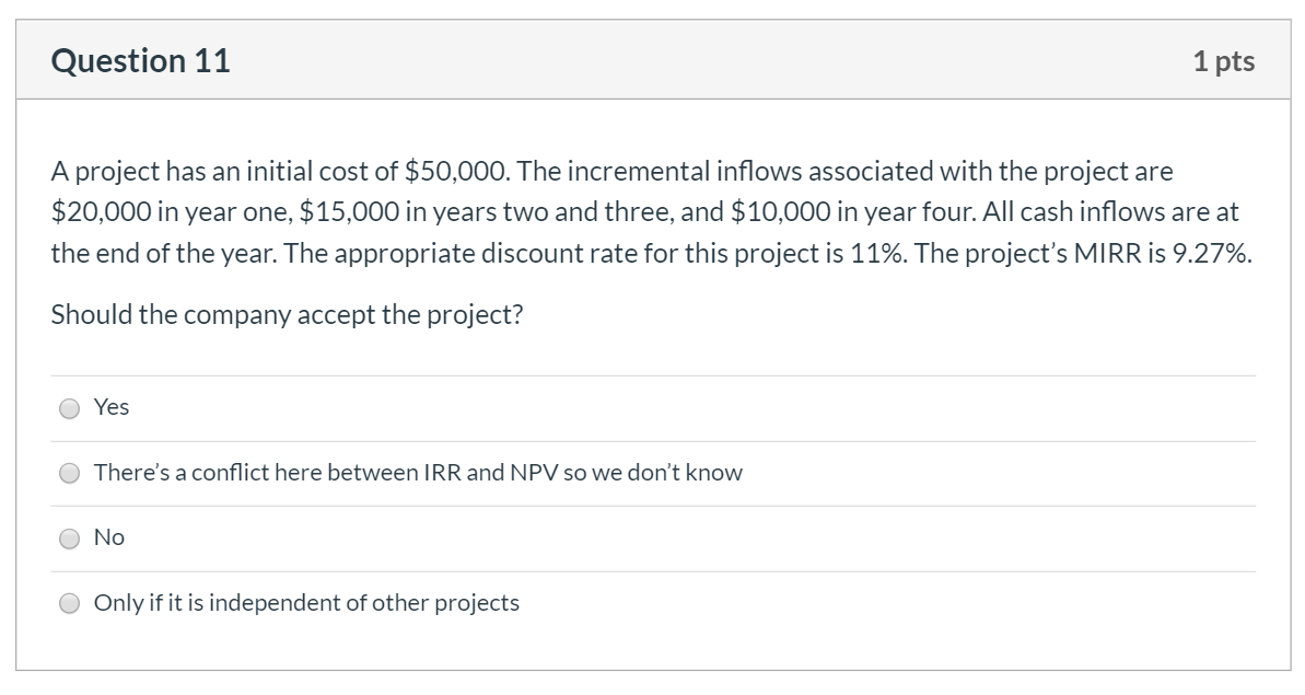 Solved Question 11 1 pts A project has an initial cost of | Chegg.com