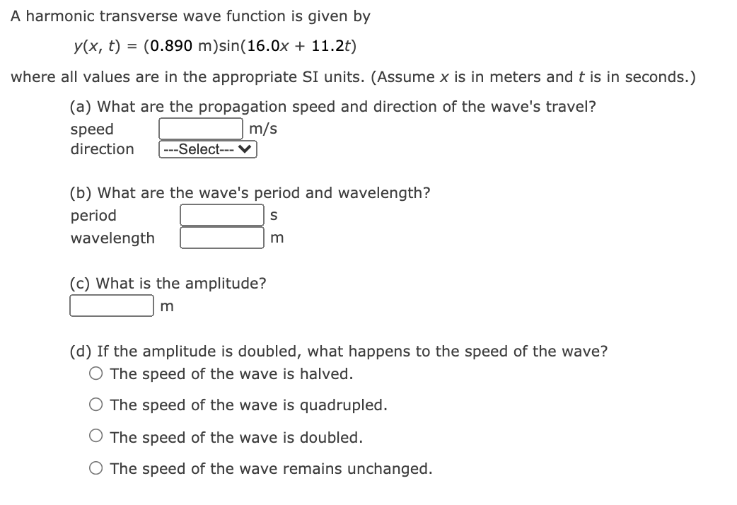 Solved A harmonic transverse wave function is given by y(x, | Chegg.com