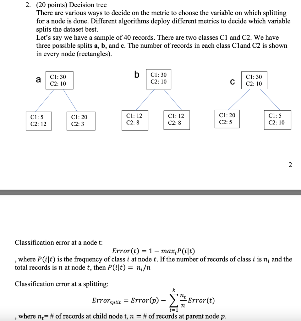 Solved 2. (20 points) Decision tree There are various ways | Chegg.com