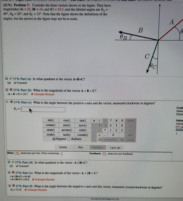 Solved (21%) Problem 7: Consider the three vectors shown in | Chegg.com