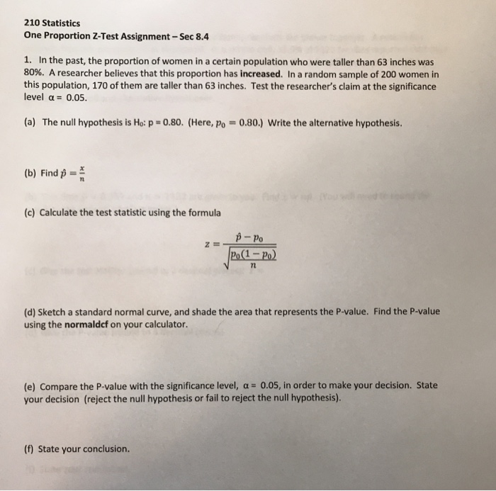 Solved 210 Statistics One Proportion Z-Test Assignment- Sec | Chegg.com