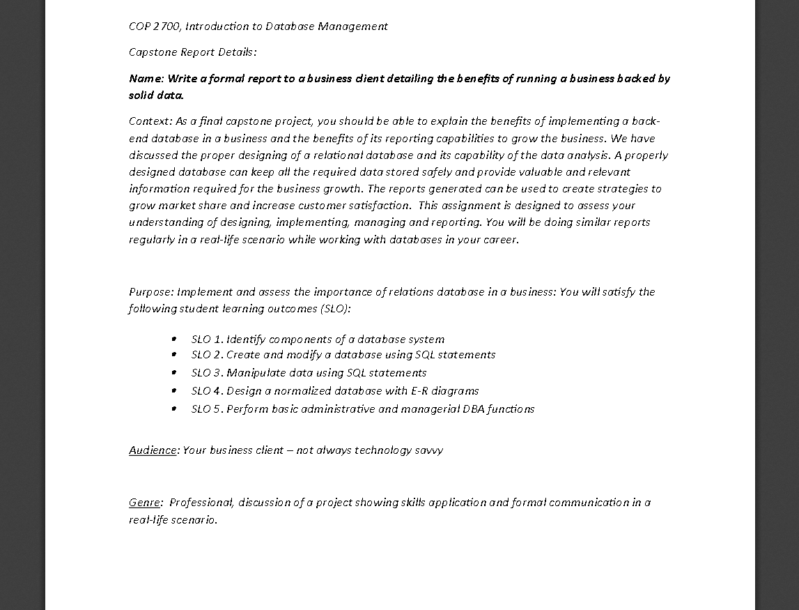 Solved COP 2700, Database Management Capstone Project (75 | Chegg.com