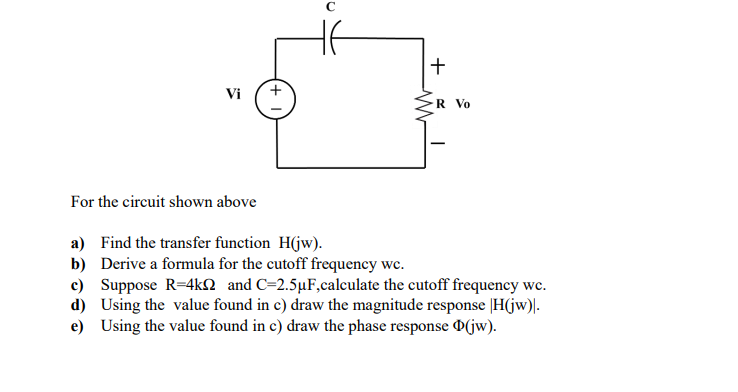 Solved For the circuit shown above a) Find the transfer | Chegg.com