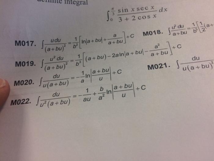 Solved Integral U Du/(a + Bu)^2 = 1/b^2 [ln|a + Bu| + A/a | Chegg.com