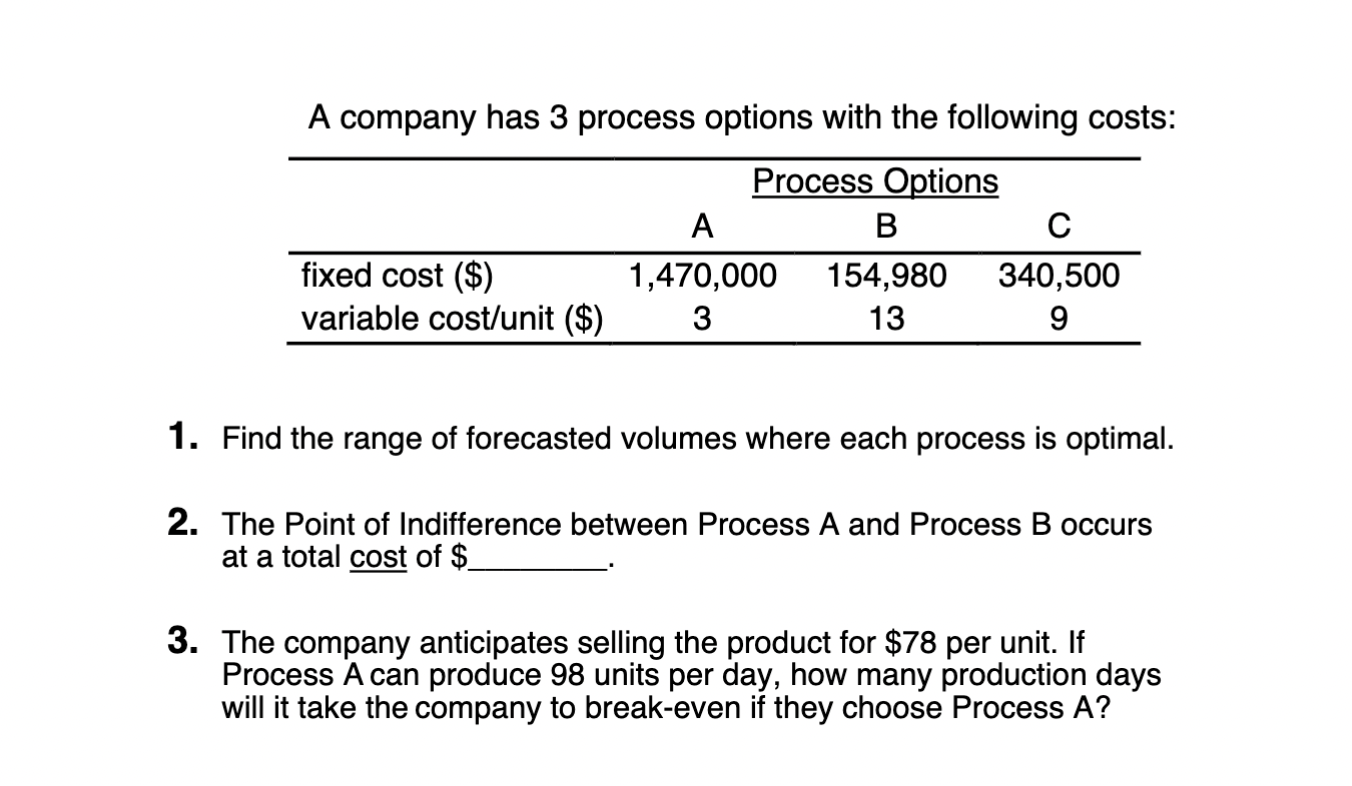 Solved A company has 3 process options with the following